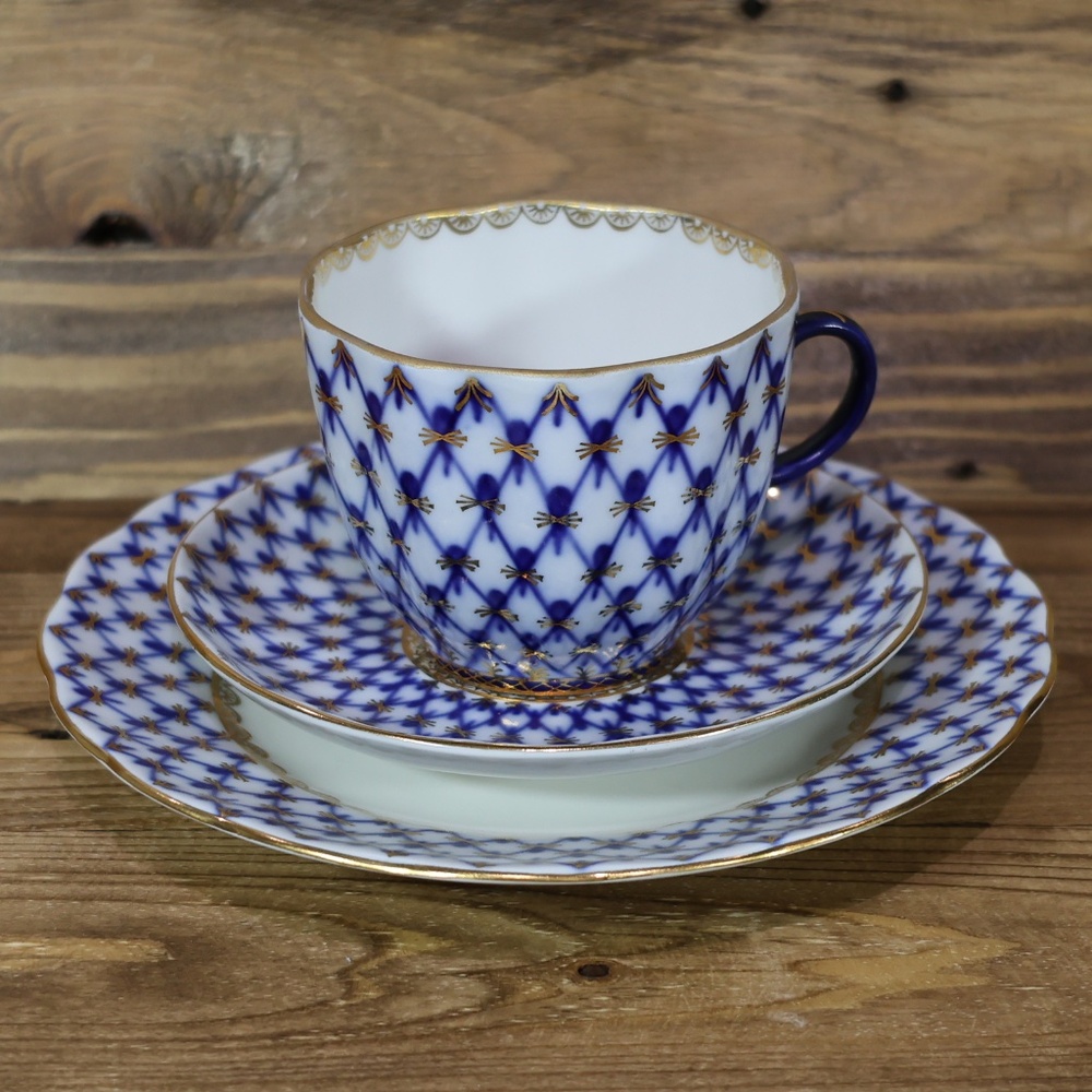 Lomonosov Cobalt Blue Fish Net 22K Gold Cup Saucer Dessert Plate 3-piece Set